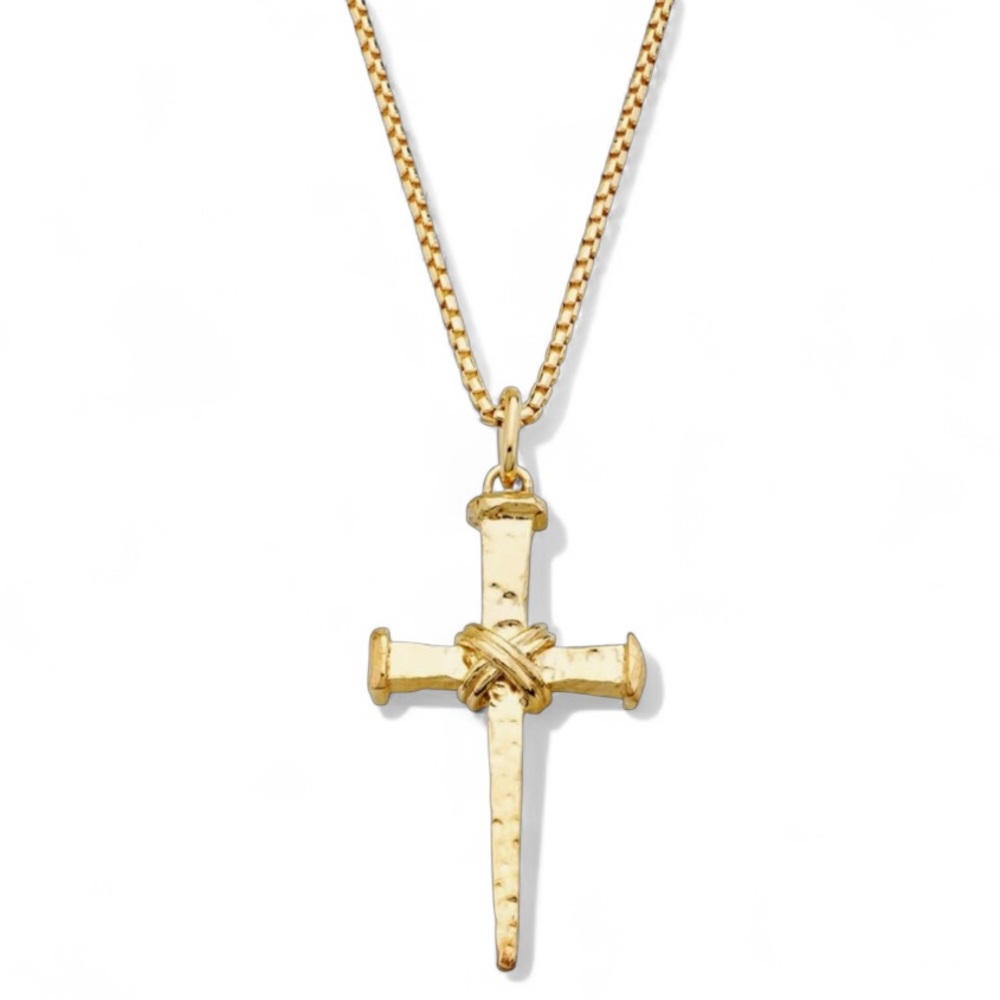 Italian 18K Gold-Solid 925 Sterling Silver Nail Cross Pendant Box Chain Necklace